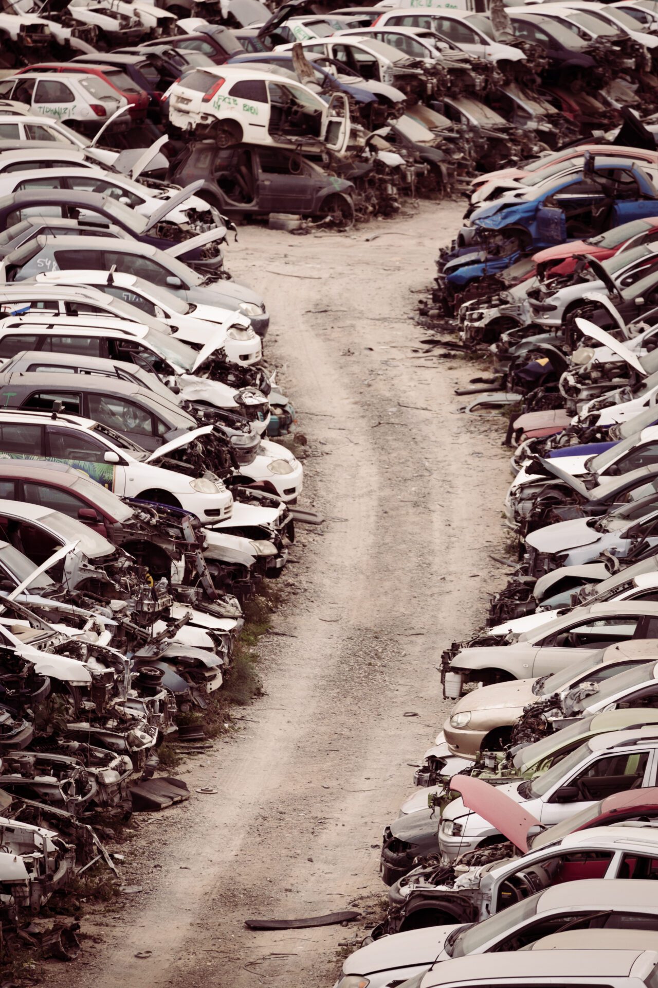 Car junkyard with many forgotten wrecks passenger cars.